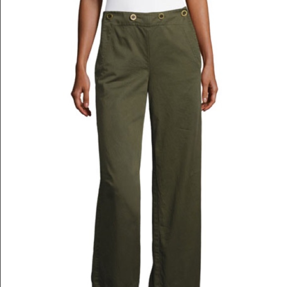 Theory Army Green Cotton Wide Leg Pants NWT